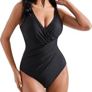 Black Swimsuit Tummy Control Ruched Criss Cross Size XL NWOT #2213
